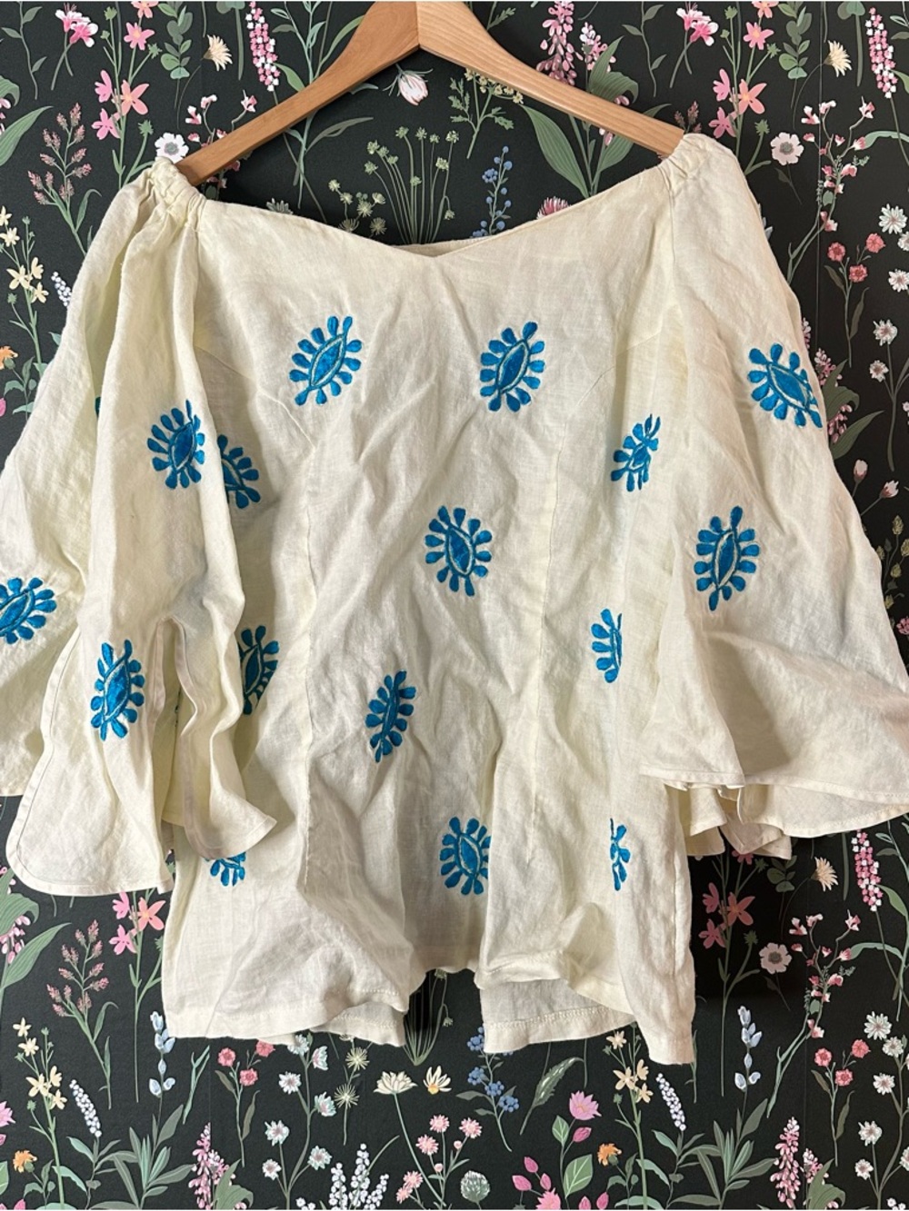 Vintage Cream Peasant Blouse with Blue Embroidery